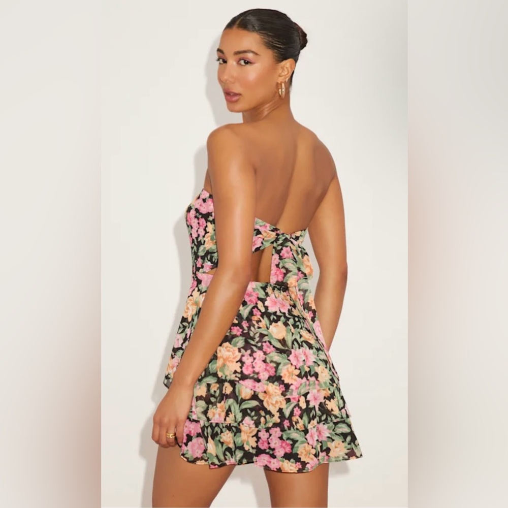 Lulus Suvi Black Floral Strapless Tiered Asymmetrical Mini Dres - Picture 3 of 6